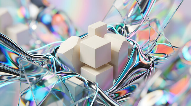 White geometric cubes on iridescent liquid chrome surface for modern abstract product display design