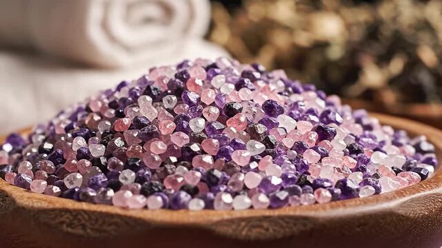 Colorful assortment of natural, raw, and faceted amethyst and rose quartz gemstones slowly rotating in a wooden bowl, a perfect concept for crystal healing, aromatherapy, and spa treatments