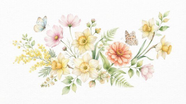 Watercolor floral arrangement with daffodils and butterflies