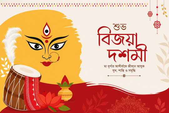 Subho Bijoya Dashami Festive Banner with Goddess Durga, Dhak, Kash Phool, and Mangal Kalash