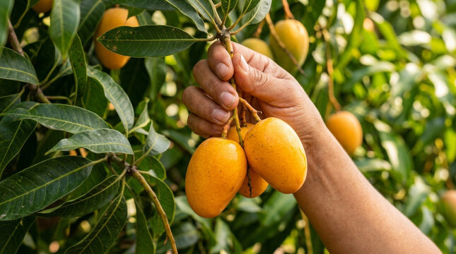 Hand picking ripe yellow mangoes from tree branch, tropical fruit harvest