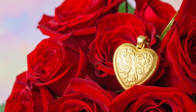 Bunch of red roses with heart shaped gold necklace pendant 