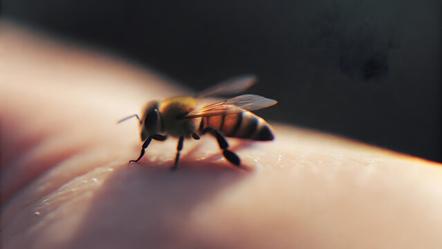 Honey bee crawling on human skin close up macro shot showing insect detail and soft natural lighting