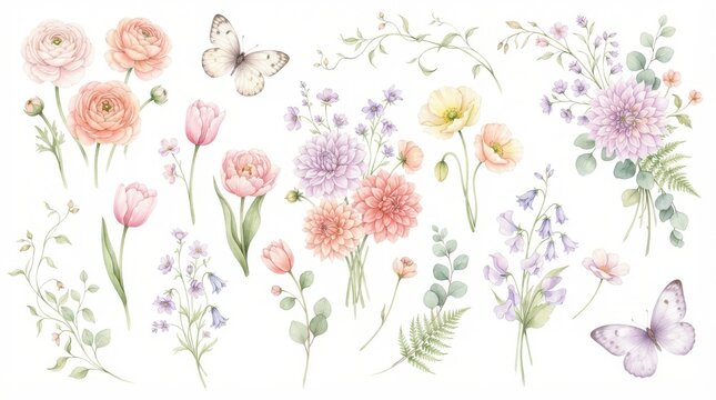 Watercolor floral set with spring flowers and butterflies isolated on white background