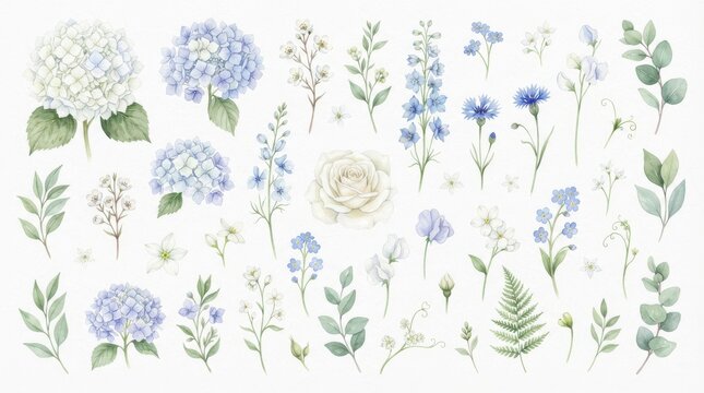 Watercolor floral set with blue and white flowers isolated on white background