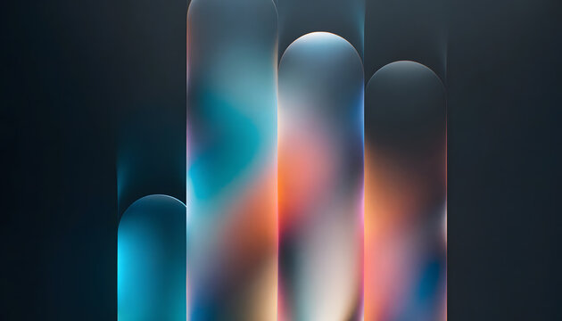 Abstract background with vertical glowing rounded cylinders in vibrant blue and orange light gradients
