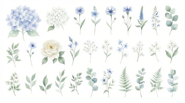 Watercolor blue and white floral elements isolated on white background