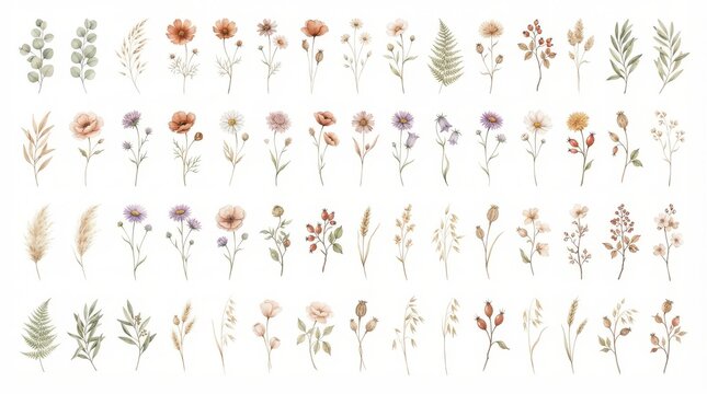 Watercolor botanical collection of wildflowers and leaves isolated on white background