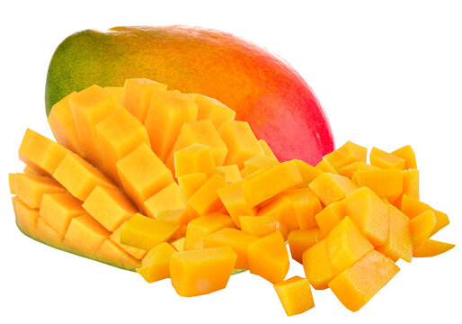 Fresh ripe mango with diced cubes cut in hedgehog style isolated