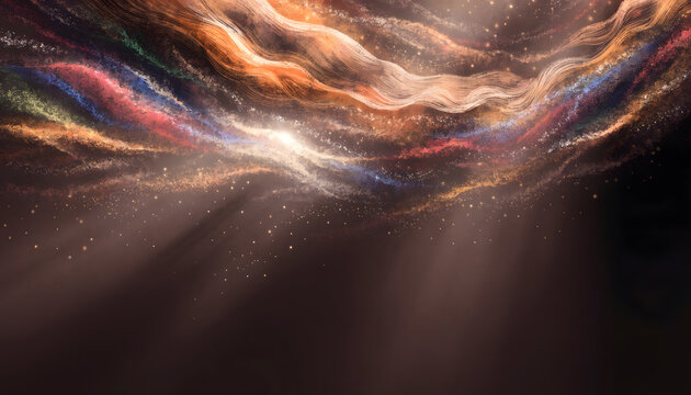 Abstract background with flowing waves of glowing particles and soft light rays in dark atmosphere