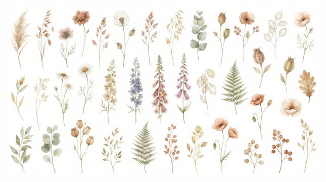 Watercolor botanical collection of wildflowers and leaves isolated on white