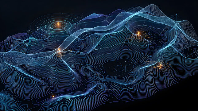 Abstract digital landscape with glowing blue wireframe topography and orange data points on dark background