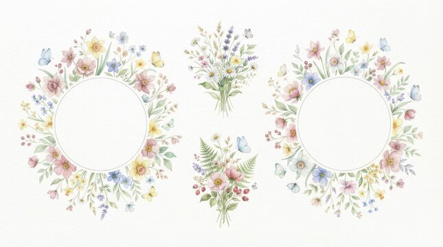 Watercolor floral wreaths and bouquets with butterflies isolated on white background