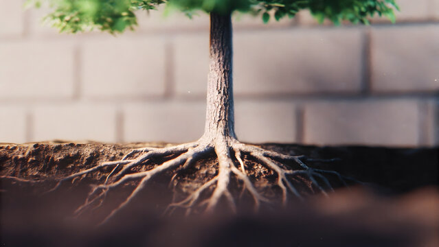 Small tree with visible roots growing in soil against a brick wall for environmental growth concepts