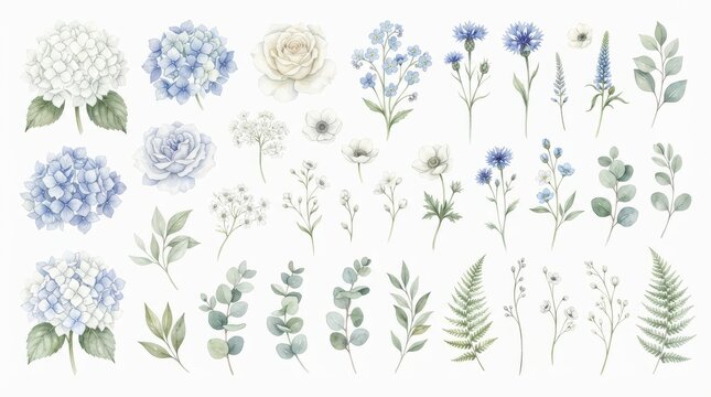 Watercolor floral set with blue flowers and green leaves isolated on white background
