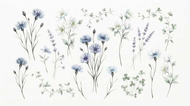 Watercolor botanical set of blue cornflowers and white flowers