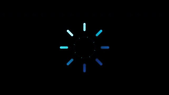 Modern colorful flat vector UI loading spinner with eight rounded radial segments illuminated by a smooth traveling luminance wave in a seamless six-second loop. Isolated on a true transparent alpha c