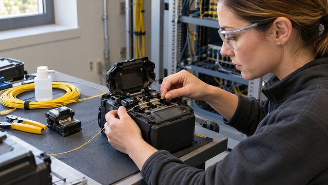 Technician working with a fiber optic fusion splicer at a workbench