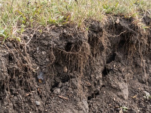 Soil erosion exposing plant roots on an earthen bank
