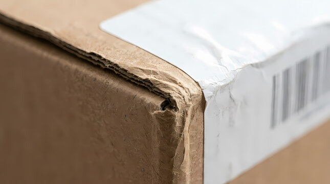 A close-up view of a damaged cardboard box with a barcode label Ecommerce and Packaging Background