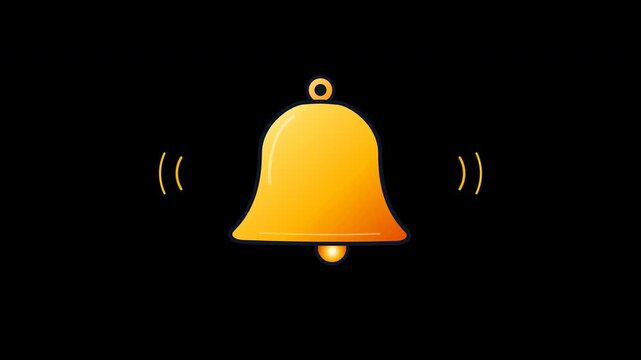 Modern colorful flat vector UI notification bell with counter-swinging clapper and acoustic alert arcs oscillating in a seamless six-second loop. Isolated on a true transparent alpha channel backgroun