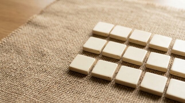 Rows of blank square game tiles arranged on a textured burlap surface, representing creativity and strategy