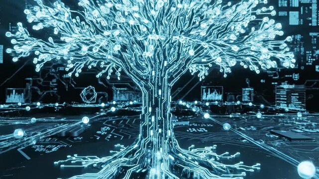 Futuristic Digital Tree of Knowledge with glowing blue circuit branches and holographic data charts. Ideal for technology presentations and AI development backgrounds.