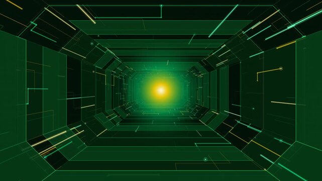 Futuristic Cybernetic Tunnel with Emerald and Golden Circuit Traces