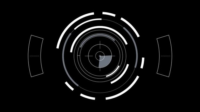 High tech digital white hud elements rotating on a black background. these circular radar interface graphics feature complex geometric details.