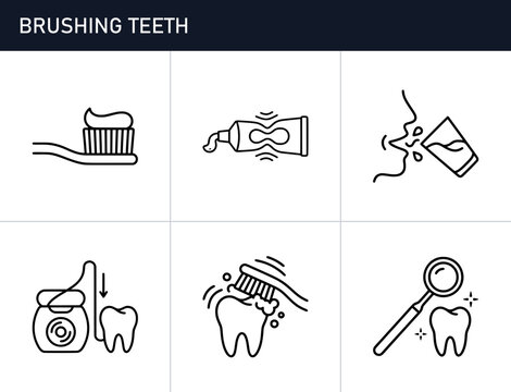 Dental hygiene line icon set with toothbrush, toothpaste, rinsing, flossing and dental mirror for oral care app and web