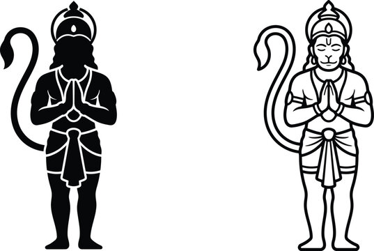 Lord Hanuman vector illustration, Hindu deity silhouette and outline icons, spiritual monkey god in namaste pose, religious graphic set