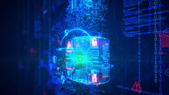 Digital security concept with glowing futuristic circuit board padlock and binary data background animation