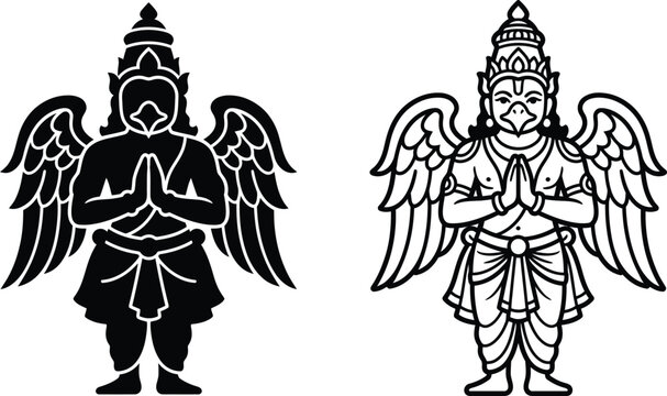 Traditional Garuda Hindu deity vector icons, mythical bird man silhouette and line art set, sacred Indian religious symbol in namaste pose