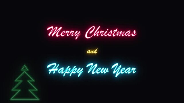 Glowing neon Merry Christmas and Happy New Year sign animation with Christmas tree and gift box on dark background.