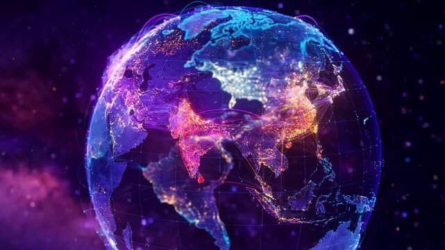 Futuristic global digital network animation with glowing data streams, fiber optic connections, and information transfer across continents on a dark world map background