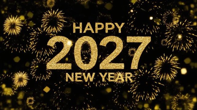 Golden 2027 New Year Celebration with Sparkling Bokeh and Firework Effects