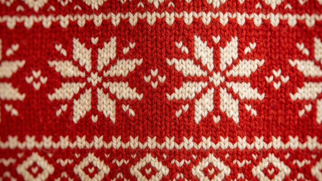 Red knitted Christmas sweater texture with Nordic snowflake pattern