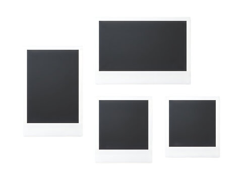 Four blank instant photo frames in portrait, landscape and square formats with dark placeholders on white background