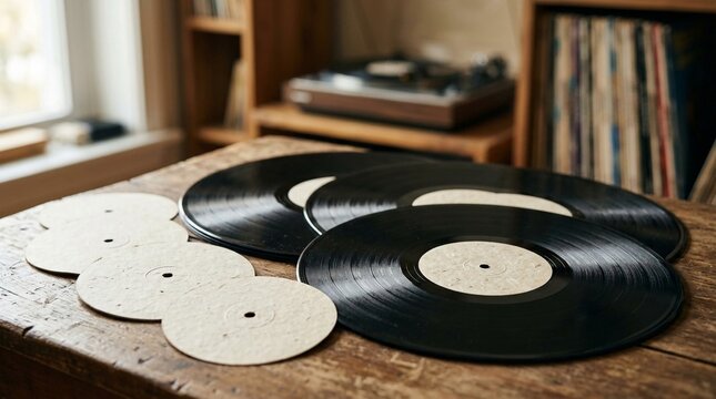 A stack of classic vinyl records arranged on a wooden table near a vintage turntable, representing the warm sound of analog music.
