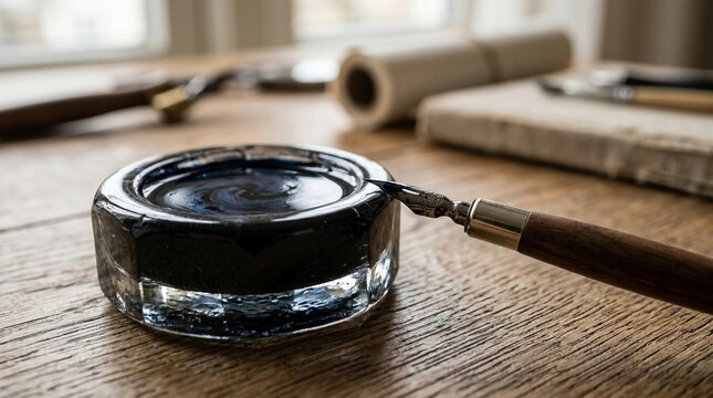 A vintage dip pen poised over a glass ink dish, ready for calligraphy and elegant writing