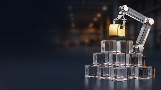 Robot arm holding golden padlock. Cybersecurity data protection concept. Glass cubes form secure pyramid