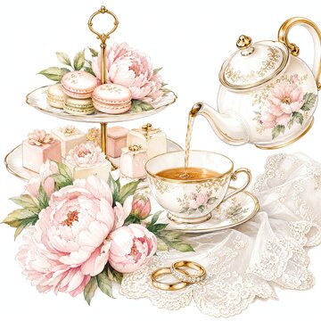 Porcelain Teapot Pouring Tea Into Gold Rimmed Cup With Peonies