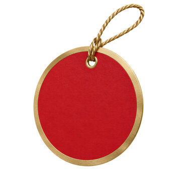 Round red tag with gold rim and twisted gold string