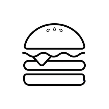 Minimalist black line art hamburger icon vector design, representing fast food, cheeseburger, and delicious takeout meal concepts
