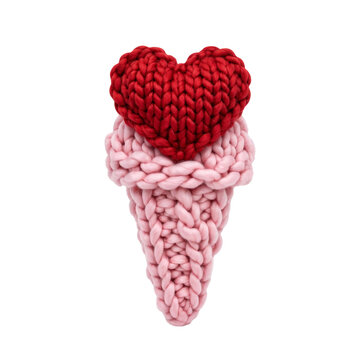 Knitted Heart Ice Cream Cone: A whimsical knitted ice cream cone with a vibrant red heart on top, representing love and sweetness, crafted from soft yarn.