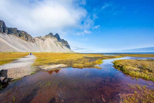 물,개울,관광객,산책로,봉우리,베스트라호른,Vestrahorn,회픈,H?fn,아이슬란드