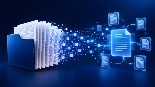 Digital Transformation Concept Representing Document Migration from Physical Folder to Electronic Data Storage with Glowing Blue Pixels and File Icons on a Futuristic Tech Background.