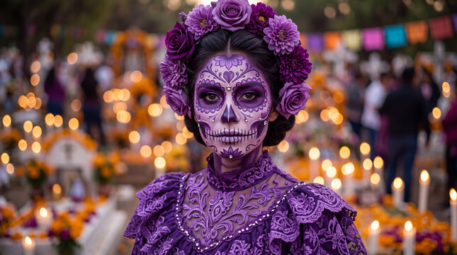 Day of the Dead Catrina portrait with detailed purple face paint and traditional cemetery bokeh background
