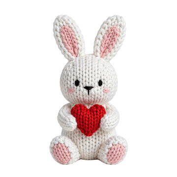 Knitted Bunny with Heart: A charming, hand-knitted white bunny with pink accents sits holding a red heart, radiating warmth and affection. Perfect for Valentine's Day or a sweet gift.