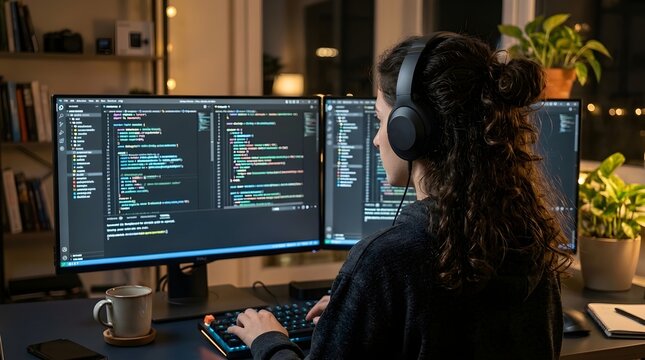 Focused female programmer writing code on dual monitors in a cozy home office late at night